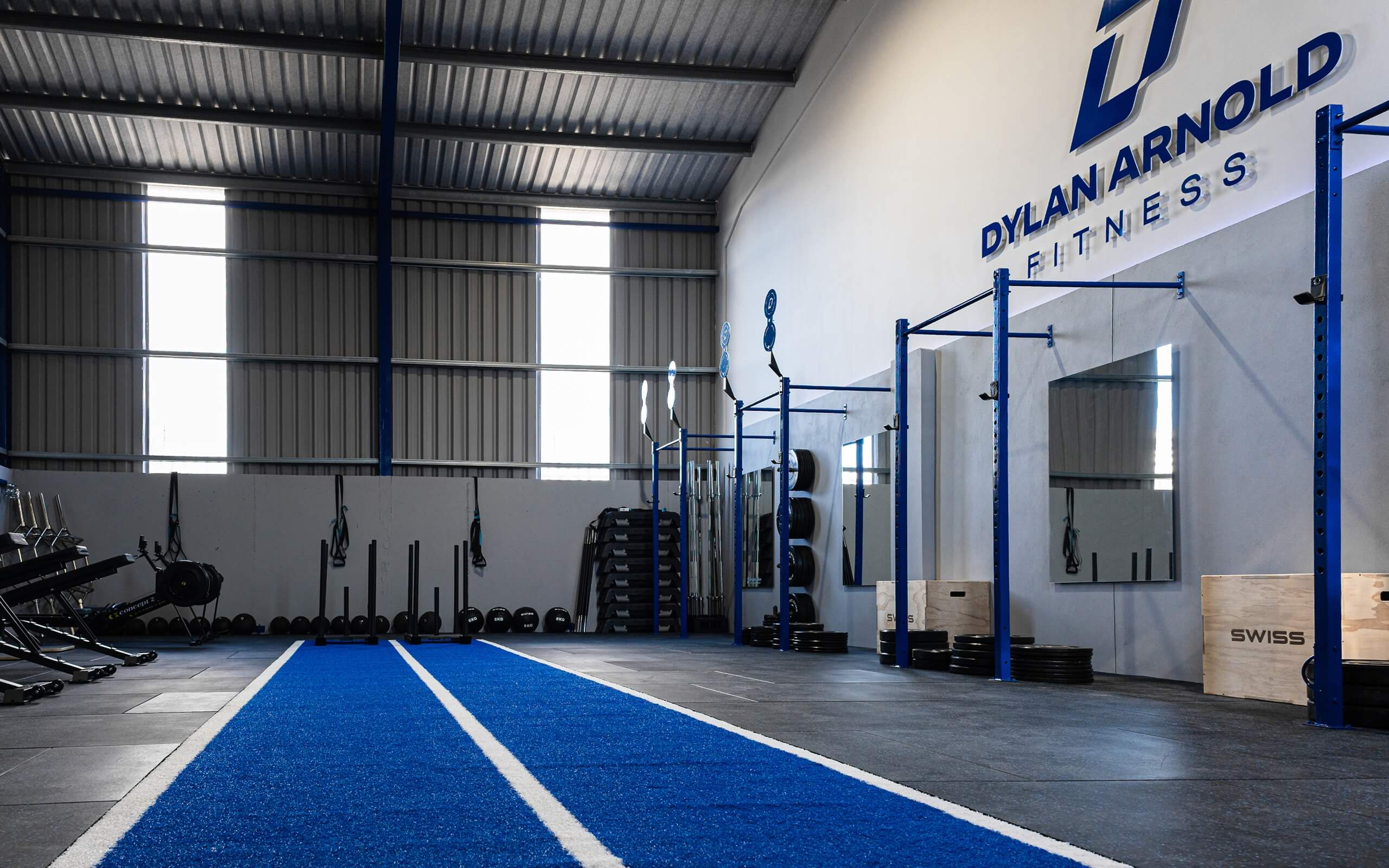 Dylan Arnold Fitness' open plan gym. A strip of blue astroturf runs through the middle of a black padded floor. Squat racks line the walls to the right and benches, ski ergs, rowing machines to the left.